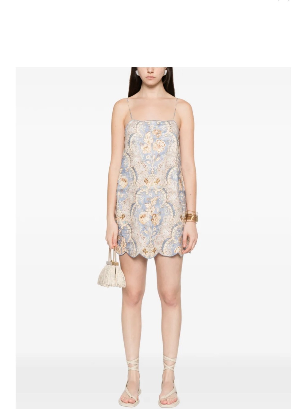 Zimmermann Blue and Gold Brocade Scallop-Hem Mini Dress